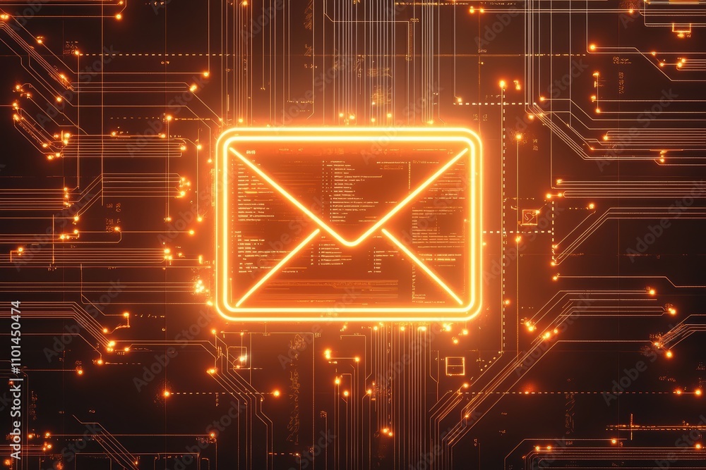 Poster a glowing envelope icon set against a high-tech circuit board backdrop, symbolizing digital communic