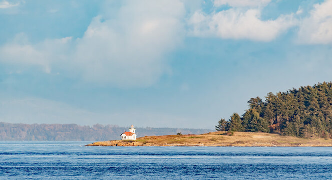 Patos island Lighthouse in Strait of Georgia at Alden Point, Patos Island, San Juan Islands, San Juan County, Washington, USA