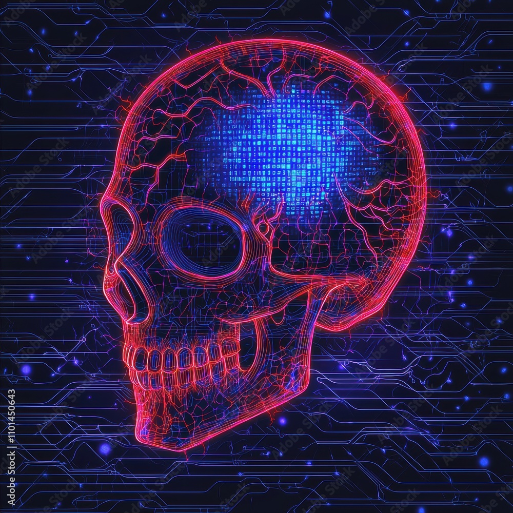 Aufkleber a digital representation of a skull with a glowing brain, set against a high-tech background, symbol