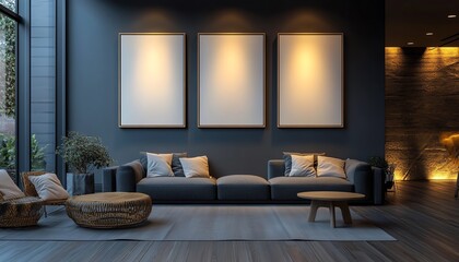 Fototapeta premium Modern gallery room with three blank vertical frames on a dark wall, wooden flooring, sleek and sophisticated design