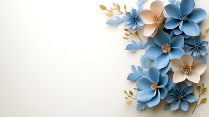 Obraz premium The background features a delicate arrangement of blue paper flowers cascading elegantly down the frame, providing a soft and feminine touch