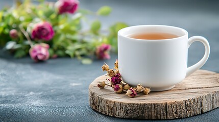 A delicate white tea cup is elegantly decorated with dried rose buds placed on a rustic wooden background, creating a serene and charming display.