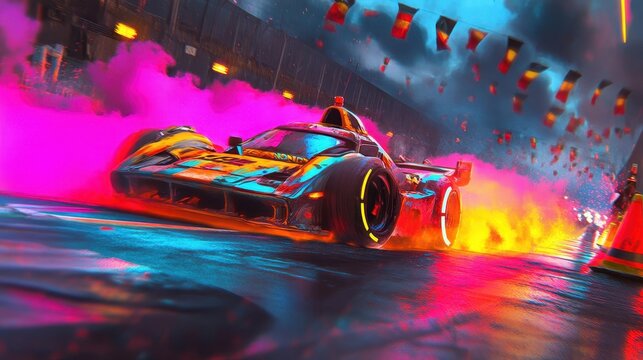 Retro racetrack with neon smoke glowing marks and scattered traffic cones