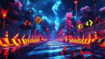 Obraz premium Dynamic finish line with glowing neon marks and swirling smoke trails