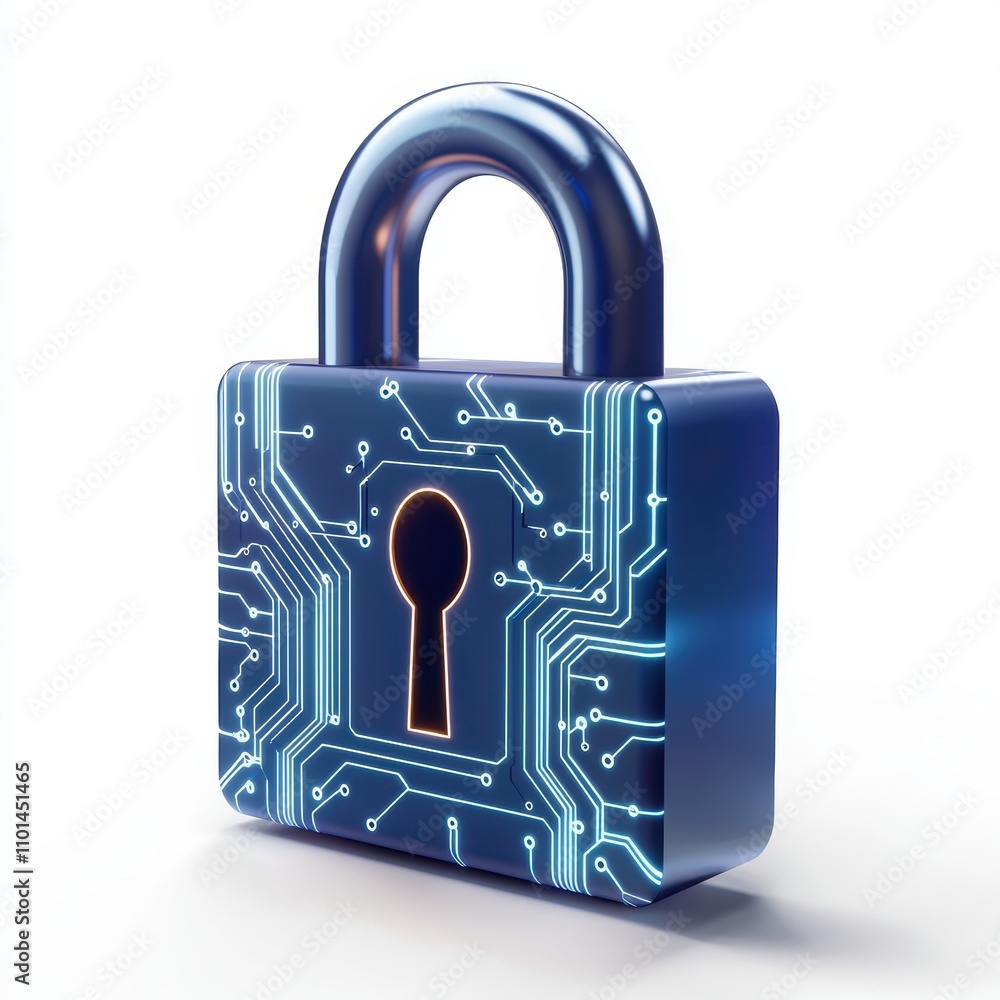 Poster a digital padlock with a circuit design, symbolizing cybersecurity and data protection.