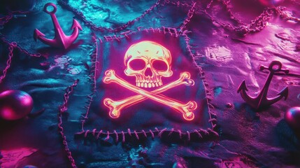 Bold neon flag glowing with skulls anchors and vibrant retro designs