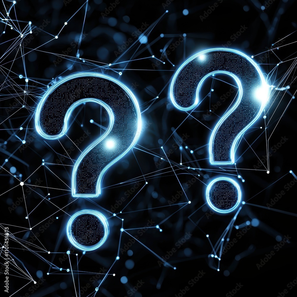 Poster two glowing digital question marks are set against a dark, interconnected background, symbolizing in
