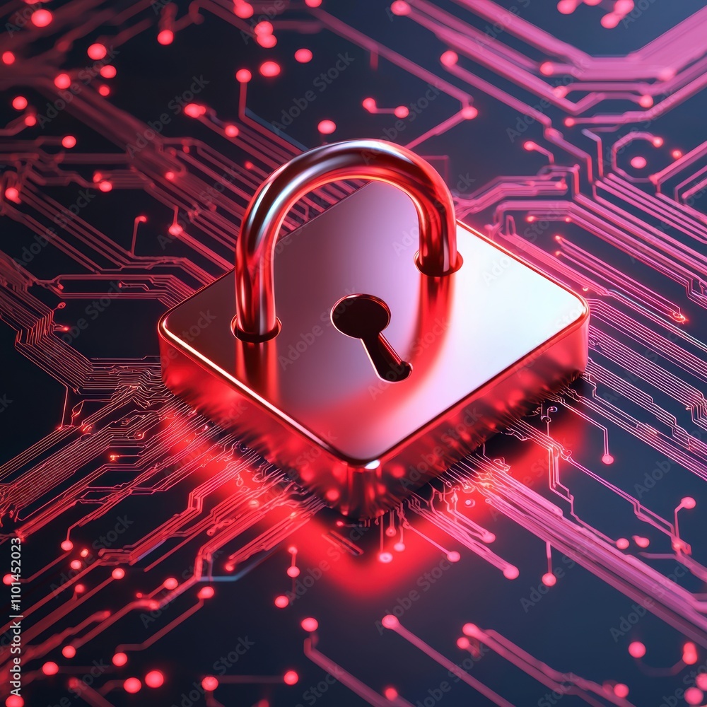 Poster a digital lock sits on a circuit board, illuminated in red, symbolizing cybersecurity and digital pr