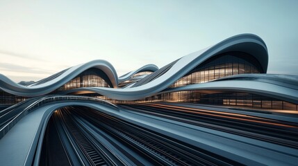 Fototapeta premium Modern architectural structure with wave-like curved forms and large glass sections, surrounding multiple railway tracks under a clear sky during daylight.