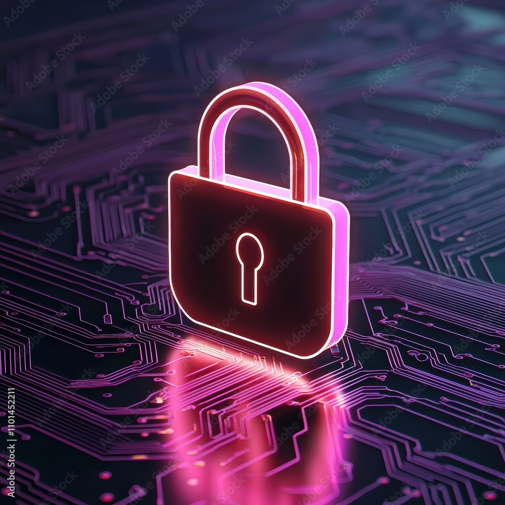 Poster a glowing digital padlock on a circuit board background, symbolizing cybersecurity and data protecti