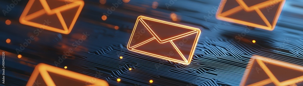 Poster the image features glowing envelope icons on a digital background, symbolizing email communication a