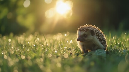 Fototapeta premium Igel in der Natur bei aufgehender Sonne