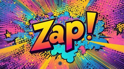 Obraz premium Pop-art explosion glowing with 'Zap!' in vibrant neon and swirling halftones