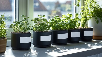 Sunlit Indoor Herb Garden with Fresh Basil and Mint Plants in Modern Black Pots on a Windowsill in a Bright Kitchen Setting