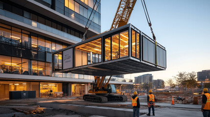 Cranes lifting large glass building module at construction site with workers in safety gear observing, against backdrop of modern office building and cityscape.