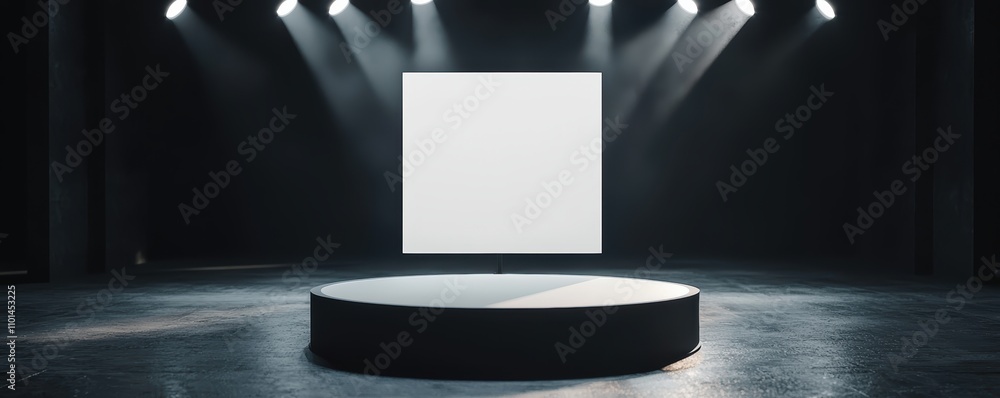 Poster a minimalist stage featuring a circular platform and an empty square backdrop, illuminated by dramat