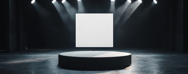 A minimalist stage featuring a circular platform and an empty square backdrop, illuminated by dramatic lighting.