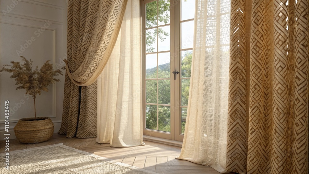 Poster natural woven textures dominate the window treatments allowing soft sunlight to filter through while
