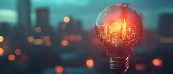 3D lightbulb with a cityscape inside, illuminated on a bright background, symbolizing innovation, futuristic ideas, and technological advancement