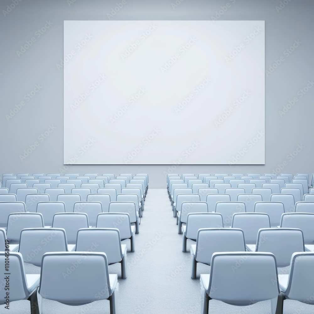 Poster a minimalist auditorium with empty white chairs facing a blank screen, creating a setting for presen