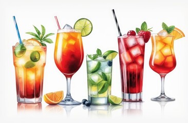 Watercolor illustration of drinks and cocktails collection on white background