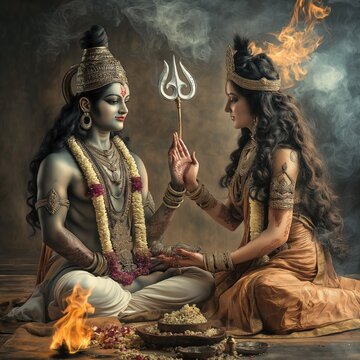 Hindu deities Shiva, Parvati sit in sacred art piece. Shiva holds trident. Parvati touches Shiva hand. Fire, flowers surround. Ancient, religious art. Hindu god art illustration style. Deities in