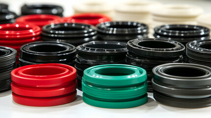 Colorful Hydraulic Seals, Stacked Rings in Red, Green, Black, and White