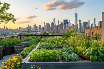Fototapeta premium Rooftop garden overlooking city skyline at sunset.