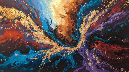 Naklejka premium an exquisite abstract painting featuring a mesmerizing blend of swirling shapes and colors with a focus on golden highlights
