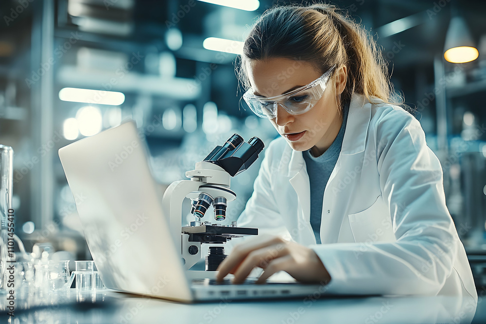 Poster scientist using microscope and laptop in lab, researching carefully and efficiently