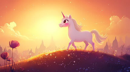 Majestic unicorn walking proudly on a hill at sunset, surrounded by flowers and mountains