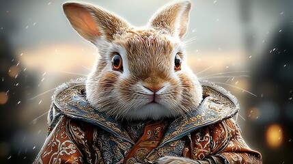 A digitally created illustration of a rabbit dressed in elaborate Renaissance clothing, showcasing intricate patterns and rich colors characteristic of the era.
