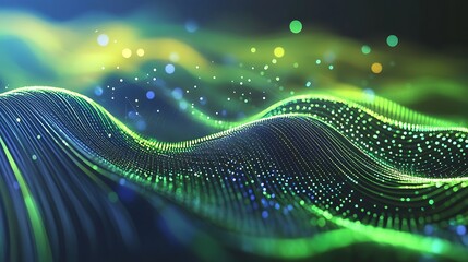 Abstract glowing green and blue wave-like structures representing futuristic digital energy fields.