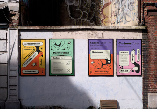 Mockup Of Four Vertical Customizable Signs On Wall