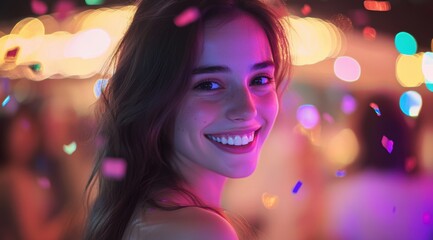 Portrait of a beautiful young woman at a party, with confetti flying around her.