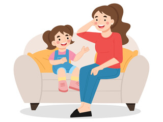 Girl giving happy conversation with mother cartoon illustration