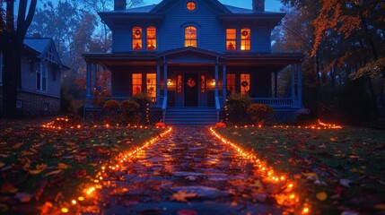 Autumn Evening House Lit Pathway Scene
