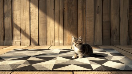A curious kitten sits on a modern geometric-patterned rug in a warmly lit wooden room. The soft light and minimalistic decor create a cozy and serene atmosphere, perfect for lifestyle, pets, and
