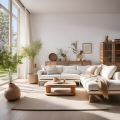 Fototapeta premium A light-filled living room with white walls, simple furniture, and touches of natural wood and soft textiles