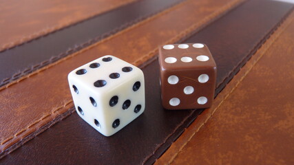 Contrasting Dice on a Wooden Surface: A Black-Dotted White Die and a White-Dotted Brown Die in Sharp Focus, Representing Balance Between Luck and Choice with a Blurred Background Suggesting Simplicity