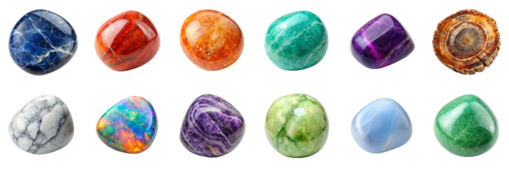 Polished gemstones isolated on transparent background. Includes amazonite, aventurine, chalcedony, charoite, howlite, opal, petrified wood, red jasper, serpentine, sodalite sugilite, sunstone PNG set