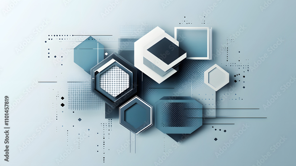 Poster abstract geometric background featuring overlapping hexagons and squares in shades of blue and white
