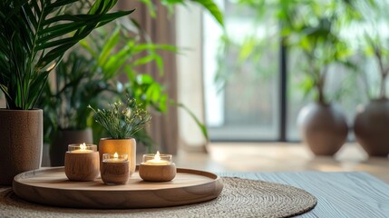 Wooden candles and greenery in a serene interior setting