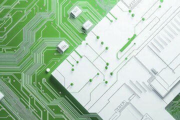 Fototapeta premium Business growth execution framework arrangement, innovative tech-driven design, lively green and white color scheme, top view perspective, featuring digital circuit motifs.