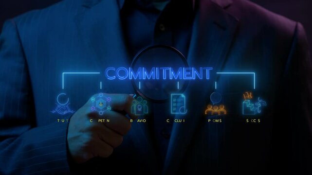 Businessman shows glowing neon line banner of COMMITMENT concept with icons of trust, competence, behaviour, conclusion, promise and success on virtual screen.