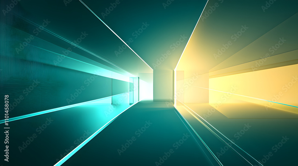 Poster abstract image of a futuristic hallway with teal and yellow glowing walls. lines converge towards a 