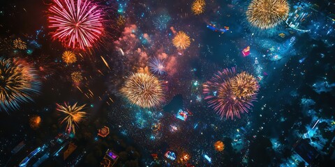 An aerial view of a fireworks display during a major festival, showcasing the colorful explosions against the backdrop of a starry night.