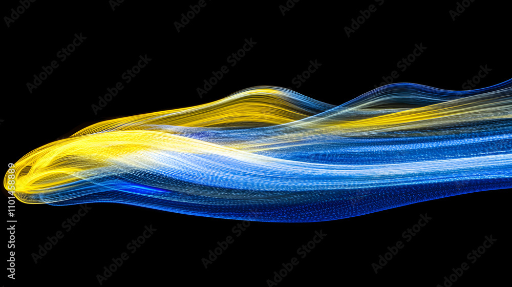 Poster abstract image featuring dynamic blue and yellow light trails on a black background. the colors blen