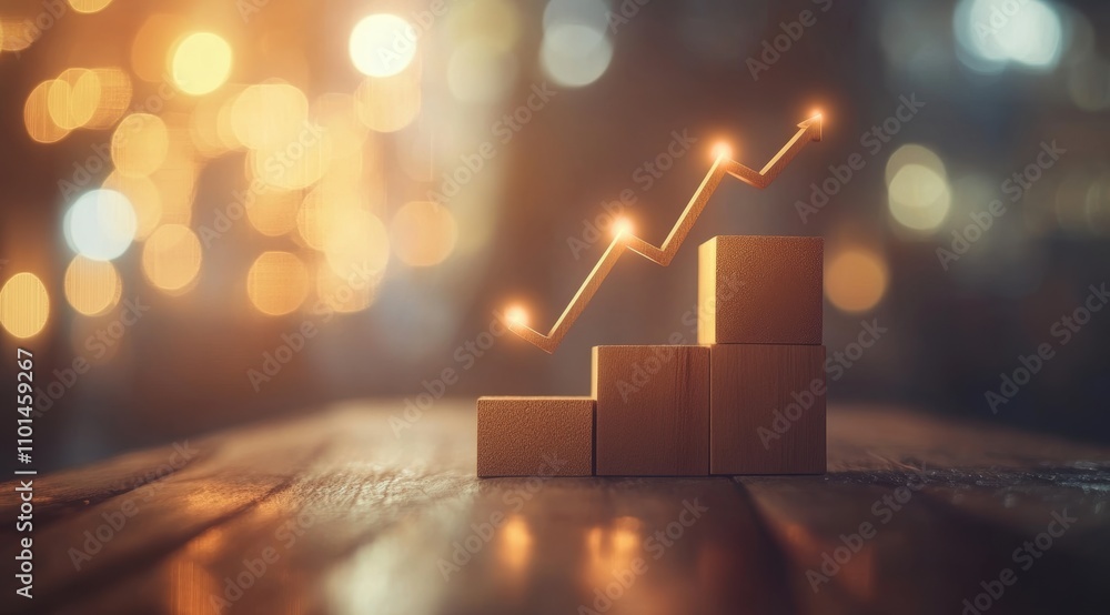 Poster a graph of an upward arrow on wooden blocks, with a blurred background and a bokeh effect
