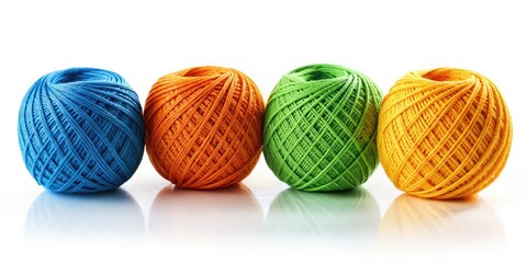 Colorful Cotton Thread Balls Isolated on White Background - Vibrant Orange, Yellow, Green, and Blue Thread Textures for Crafting and Textile Projects